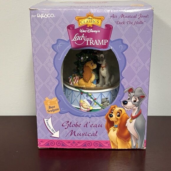Disney Lady & The Tramp Dog Christmas Tree Deck Halls Musical Water Globe - Picture 10 of 17